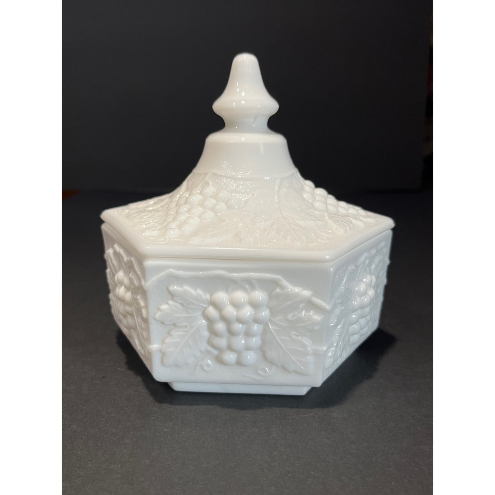 Westmoreland Milk Glass Paneled Grape Hexagon Candy Dish with Lid White Vintage